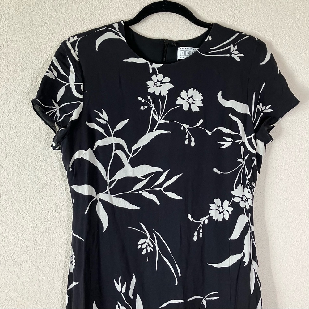 SAKS FIFTH AVE Vintage Silk Column Dress 8 Hawaiian Tropical 80s Black Luau Tiki - Picture 5 of 11